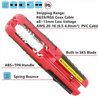 Yankok [Multi-Function Strip & Cut Tool] for 10-20 AWG / 0.5-6.0mm2 Gauge Wire, RG6 RG59 Coaxial Cables and Ø8-13mm Low Voltage Wiring