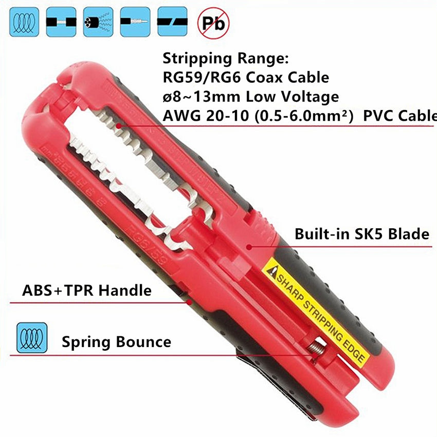 Yankok [Multi-Function Strip & Cut Tool] for 10-20 AWG / 0.5-6.0mm2 Gauge Wire, RG6 RG59 Coaxial Cables and Ø8-13mm Low Voltage Wiring