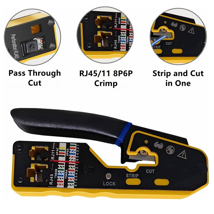 Yankok 6088NB RJ45 Pass Through Crimper RJ12/11 Crimp Tool Yellow w/ Blade Set