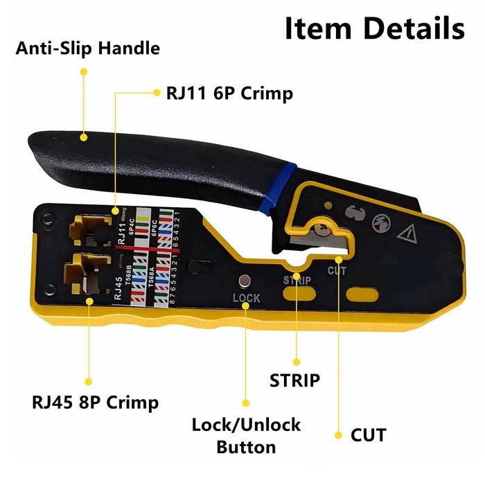 Yankok 6088NB RJ45 Pass Through Crimper RJ12/11 Crimp Tool Yellow w/ Blade Set