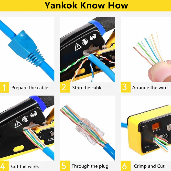 Yankok 6088NB RJ45 Pass Through Crimper RJ12/11 Crimp Tool Yellow w/ Blade Set