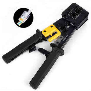 Yankok RJ45 RJ12 RJ11 Pass Through Crimper, Crimp Strip and Cut, Black Handle, Heavy Duty