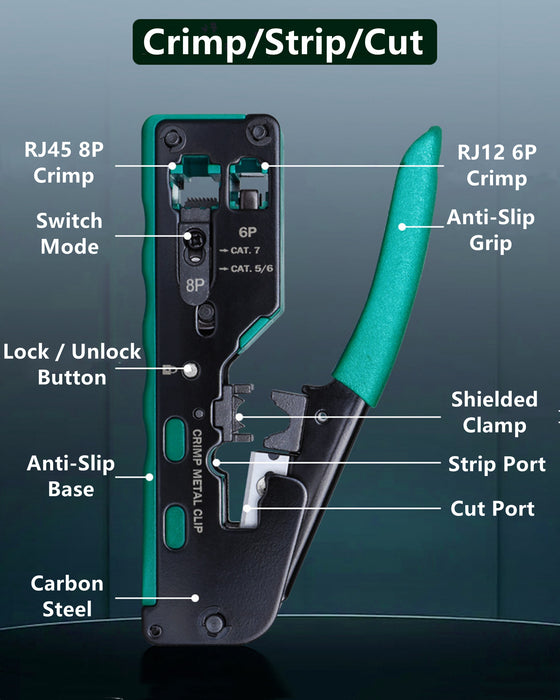 Yankok HT718 Modular Crimper RJ45 RJ12 RJ11 Crimp Strip and Cut All-in-One Green Handle