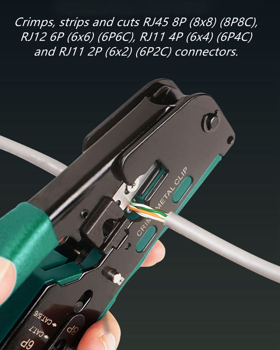 Yankok HT718 Modular Crimper RJ45 RJ12 RJ11 Crimp Strip and Cut All-in-One Green Handle