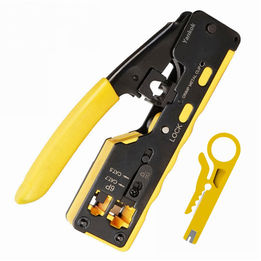 Yankok CAT5 CAT6a CAT7 Pass Through Crimper (RJ45 Pass-Thru RJ12 RJ11 Regular Crimp and Cut) HT-7088 Yellow