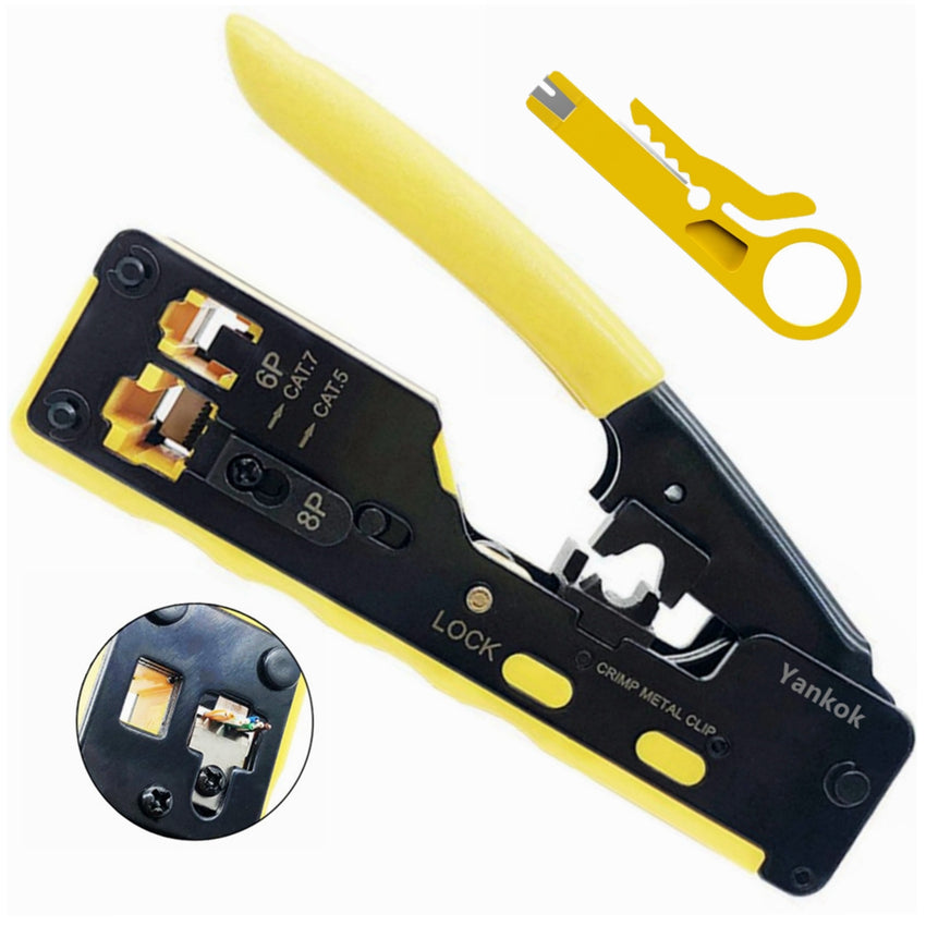 Yankok CAT5 CAT6 CAT7 Pass Through Crimper (RJ45 RJ12 RJ11 Pass-Thru and Regular Crimp and Cut) HT-7088YW Yellow