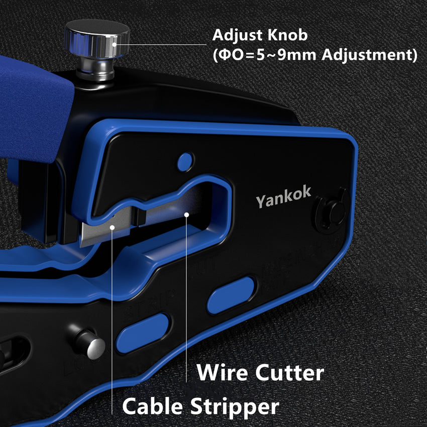 Yankok Wholesale SP670A RJ45 Pass Through Crimper with Adjust Knob Regular and Pass-Thru Connectors Crimp Strip and Cut (MOQ of 20 Set)