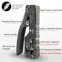 Yankok CAT5 CAT6a CAT7 Pass Through Crimper (RJ45 Pass-Thru RJ12 RJ11 Regular Crimp and Cut) HT-7088 Black