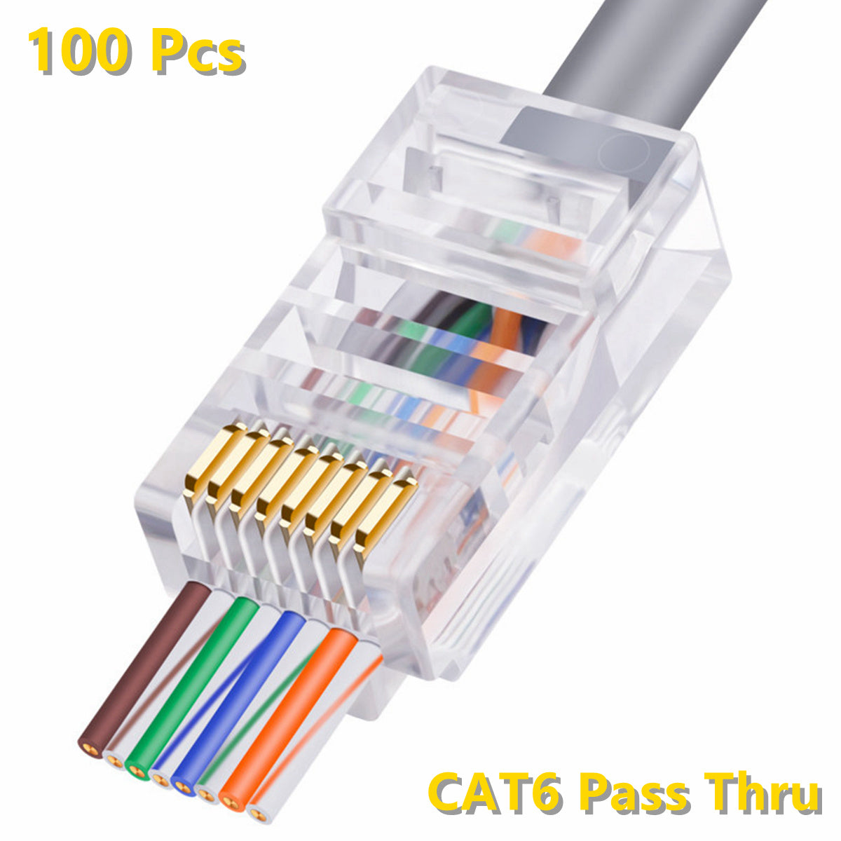 Yankok RJ45 CAT6 Pass-Through Connectors 8P8C Gold Plated 3-Prong Pins