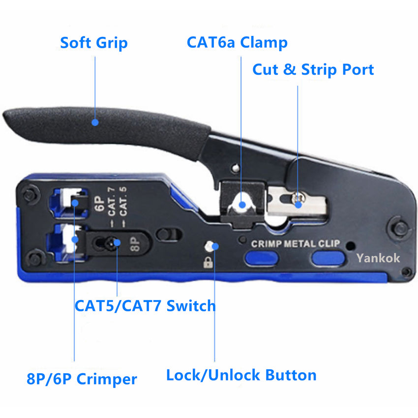 Yankok Wholesale HT-718 RJ45 RJ12 RJ11 Modular Crimper Shielded and Unshielded Connector Crimp Strip and Cut (MOQ of 10 Pcs)