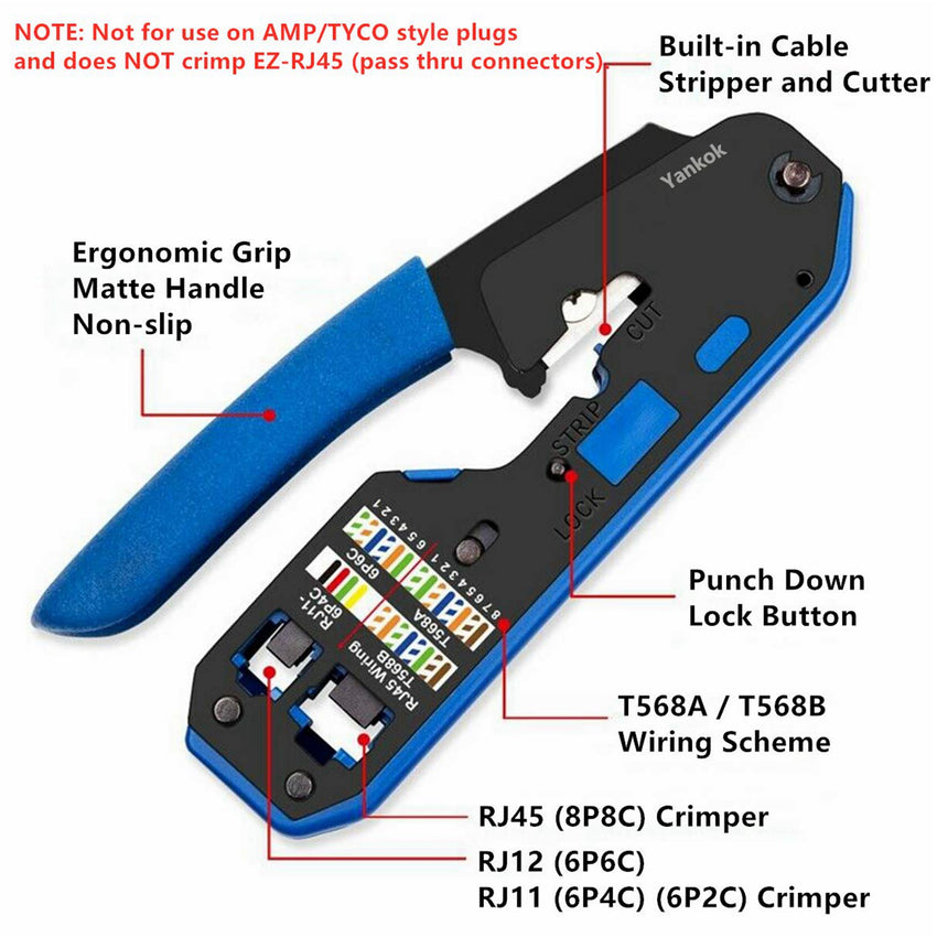 Yankok HT668 Compact Modular Crimper RJ45/12/11 Crimps Strip and Cut