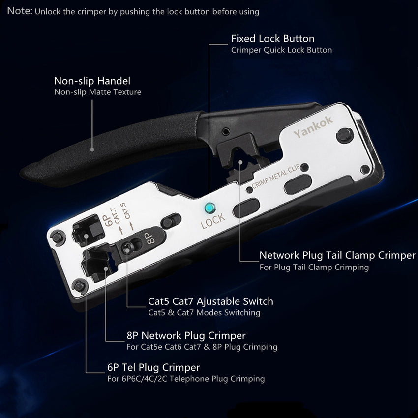 Yankok CAT5/5e CAT6/6a CAT7 Modular Crimper (Shielded and Unshielded Crimp) HT-7018 Silver