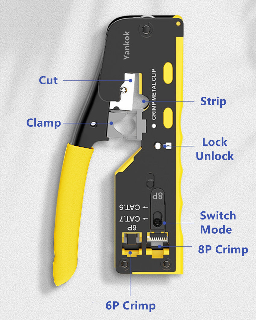 Yankok All-in-One Pass Through Crimper (Crimps RJ45 Pass-Thru and RJ12 RJ11 Standard Shielded and Unshielded) HT-718