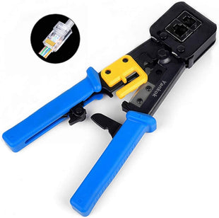 Yankok RJ45 RJ12 RJ11 Pass Through Crimper, Crimp Strip and Cut, Blue Handle, Heavy Duty