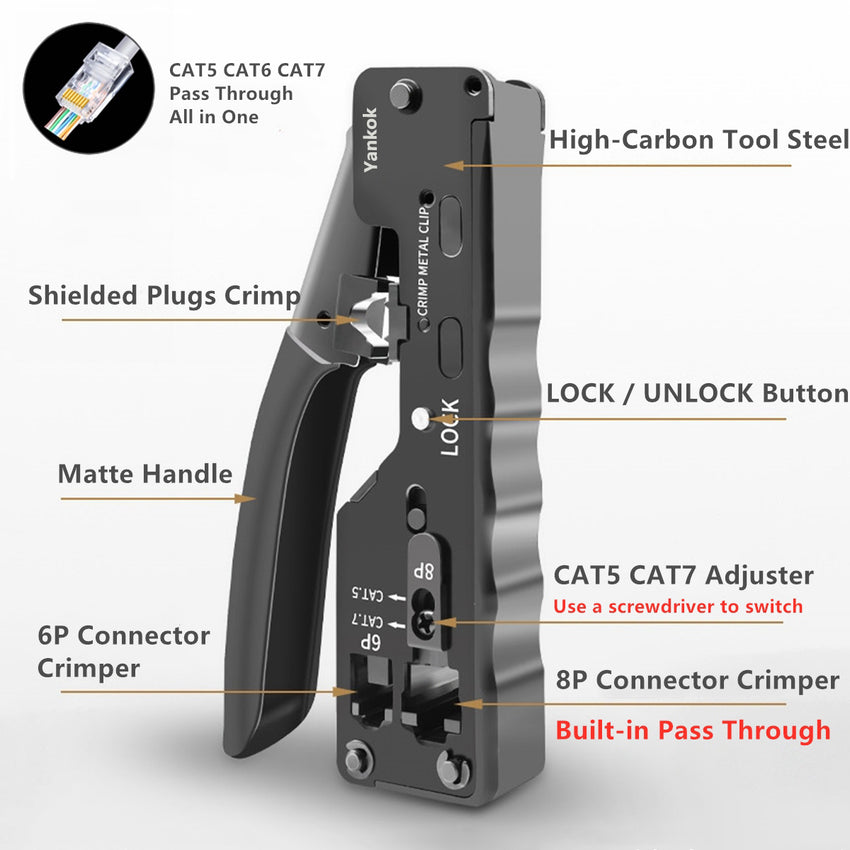 Yankok CAT5 CAT6 CAT7 Pass Through Crimper (RJ45 RJ12 RJ11 Pass-Thru and Regular Crimp and Cut) HT-7088BK Black