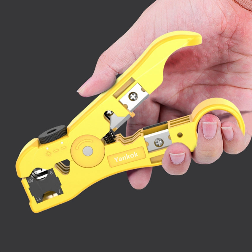 Yankok HT352Y Universal Cable Strip and Cut Tool Yellow with Adjustable Blade Depth (Coaxial / Ethernet / TV / Telephone)