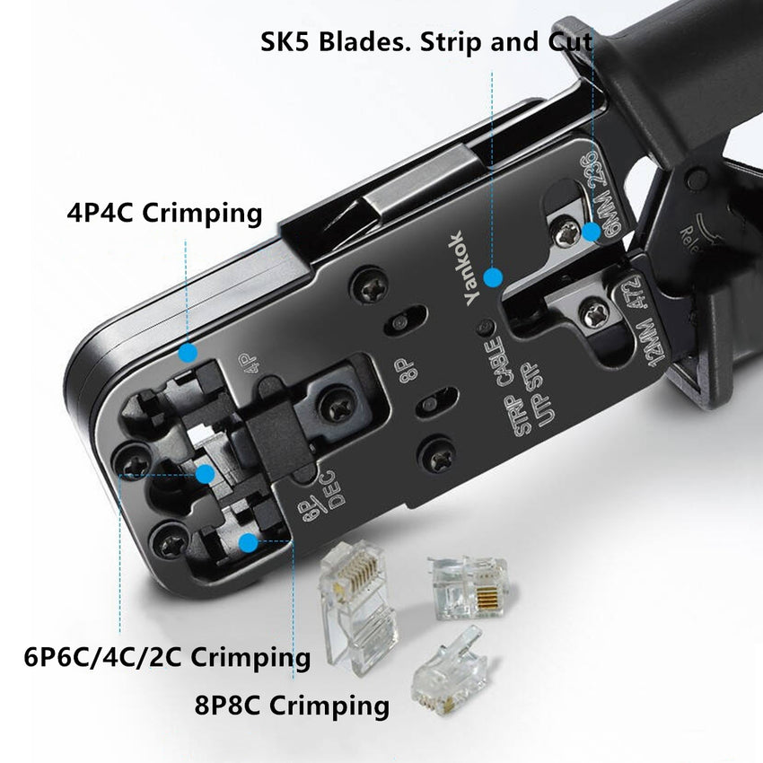 Yankok All-in-One Kabeltester Crimper (RJ45 RJ12 RJ11 Streifen / Schneiden / Crimpen / Testen) TSC-0220