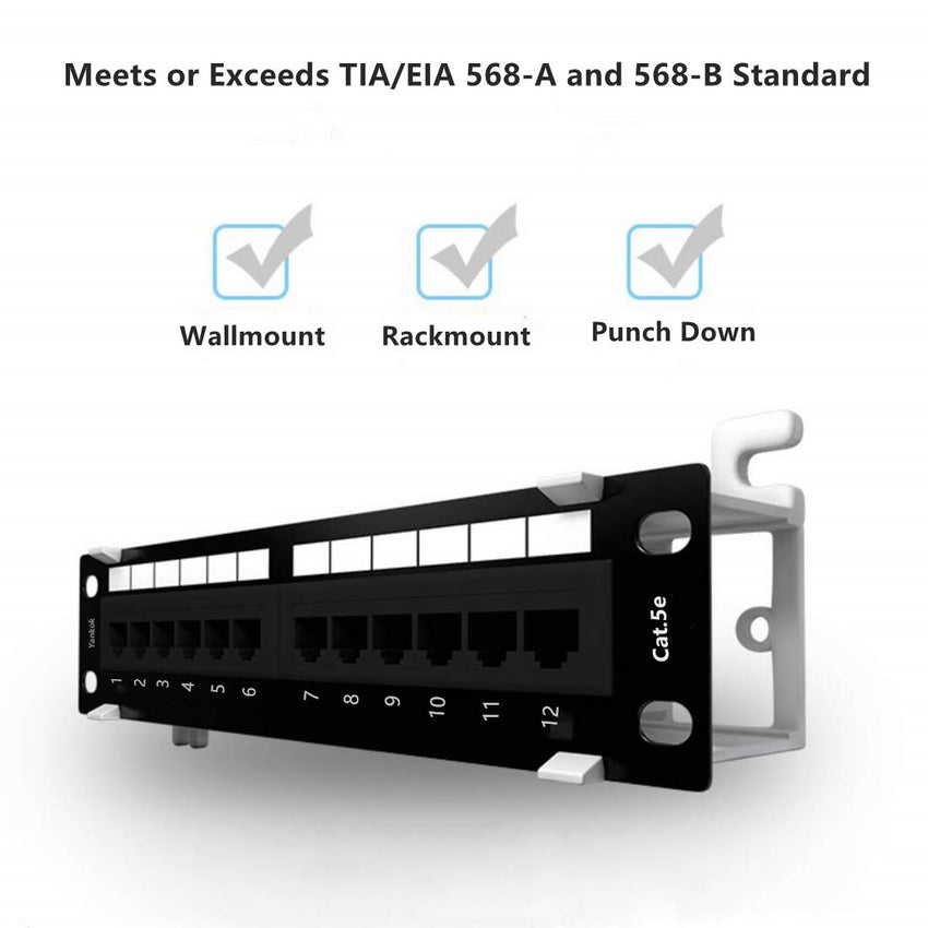 Yankok CAT5/5e 12 Port Patchpanel 10in.x1U Ungeschirmte Rack-/Wandhalterung mit Halterung